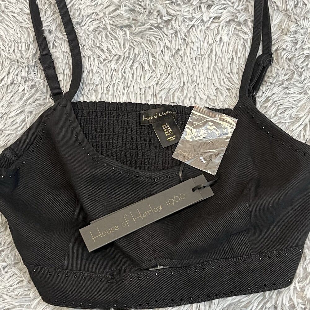 Revolve House of Harlow 1960 size 8 black denim crop top women NWT rhinestone
